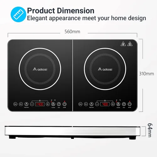 Vista 7 de Aobosi - Cocina de doble inducción, cocina de inducción portátil con control independiente de 2 quemadores, cuerpo ultrafino, 10 temperaturas, 1800