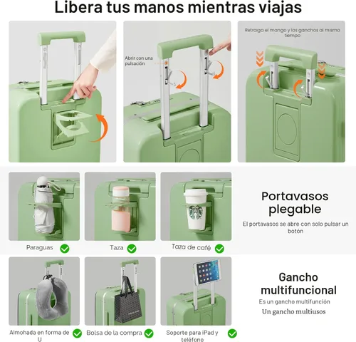 Vista 4 de mixi Equipaje PC Hardside Rolling maleta con rueda giratoria, cerradura TSA, soporte para teléfono y vaso, Verde aguacate