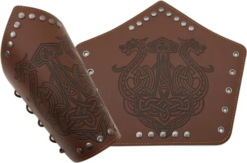 Vista 8 de Jeilwiy Brazaletes vikingos medievales de cuero, brazaletes de armadura de brazo, brazalete de cuero, guantelete punk para hombres y mujeres