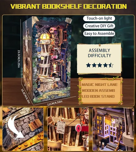 Vista 6 de Spilay - Kit de rincón de libro para adultos, Magic Night Lane DIY Kit de casa en miniatura With Warm LED Light, DIY Wooden Craft for Bookshelf