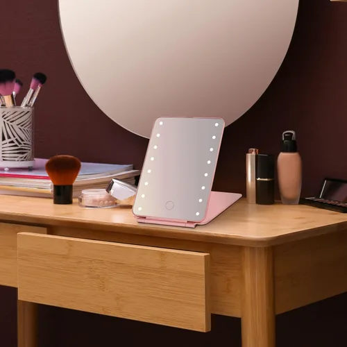 Vista 5 de MELANNCO Espejo de tocador con luces, 7.8 x 5.3 pulgadas, espejo de maquillaje LED de oro rosa para escritorio, 16 bombillas LED, plegable