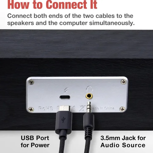 Vista 5 de MICA Altavoces de computadora, barra de sonido de computadora con cable, mini barra de sonido de madera, altavoces de PC alimentados por USB de Negro