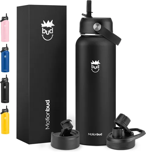 Vista 10 de Botella de agua aislada de 32 onzas, de acero inoxidable, botella a prueba de derrames con 3 tapas, sin BPA, aislada al vacío, mantiene las bebidas