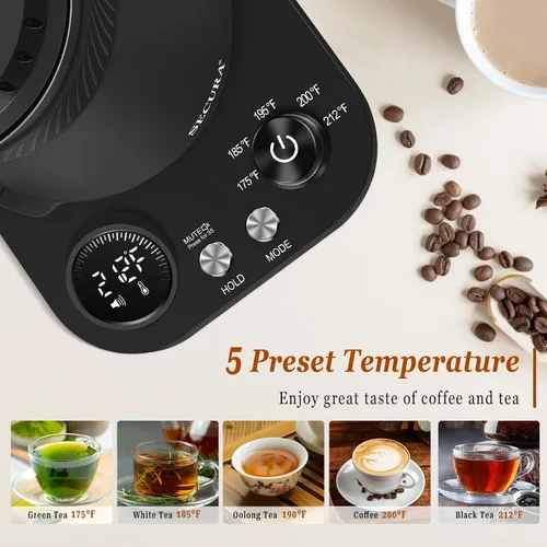 Vista 7 de Secura Hervidor eléctrico de cuello de cisne con 5 ajustes preestablecidos de control de temperatura, tetera interior de acero 100% inoxidable