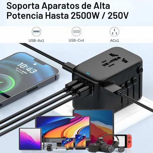 Vista 5 de JMFONE Adaptador de viaje universal con GaN 100W, adaptador de enchufe de corriente internacional de 5 puertos [4*USB C+1*USB A] y múltiples tomas