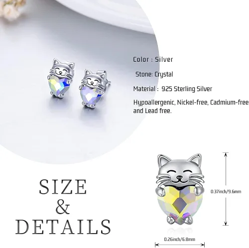 Vista 2 de Aretes de plata de ley 925 con diseño de gato, bonitos aretes de gato con diseño de gatito, joyería de regalo para mujeres y niñas, aretes