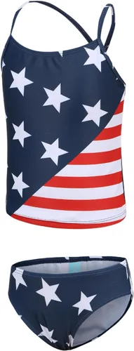 Vista 10 de Traje de baño tankini de dos piezas para niñas, traje de baño a rayas arcoíris Bandera estadounidense 40