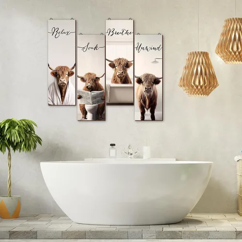 Vista 3 de Letrero de madera para decoración de baño de vaca de las montañas, 4 piezas, diseño de vaca rústica para colgar en casa, cuarto de servicio