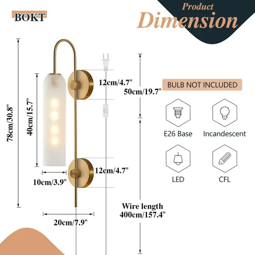 Vista 2 de BOKT Apliques de pared modernos de mediados de siglo con enchufe para interiores, largos, oro cepillado, vidrio blanco leche, apliques
