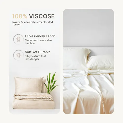 Vista 2 de BedVoyage Sábanas refrescantes tamaño Queen – Viscosa de bambú, juego de sábanas para personas que duermen con calor, bolsillo profundo de 18 Marfil