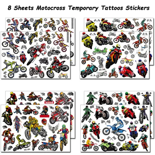 Vista 3 de 8 hojas de calcomanías temporales de tatuajes para motocross, suministros de fiesta de cumpleaños de motocross, decoraciones de fiesta