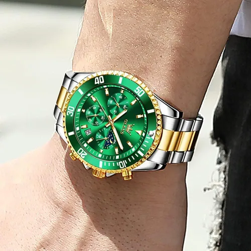 Vista 4 de OLEVS Mens Big Face Watches Stainless Steel Waterproof Date Analog Quartz Watches Fashion Business Chronograph Moon Phase Wrist Watches for Men