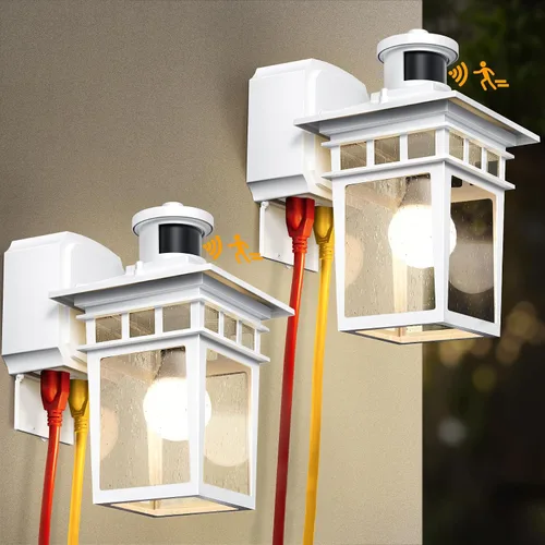 Vista 16 de Luces de Porche Exteriores con Sensor de Movimiento con Toma GFCI, 3 Modos de Luminaria Exterior del Anochecer al Amanecer, Luminaria de Iluminación