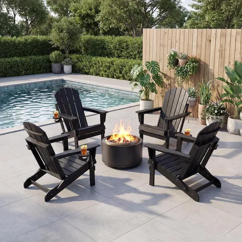 Vista 2 de Silla Adirondack plegable de HDPE, silla de patio al aire libre con soporte para tazas, silla de césped de grano de madera resistente a
