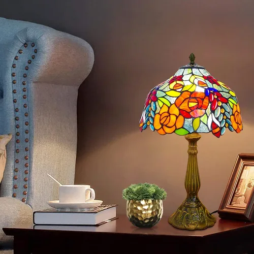 Vista 7 de Tiffany - Lámpara de mesa estilo rosas multicolor, lámpara de mesa con vitrales de 12 pulgadas de alto de 19 pulgadas, mesita de noche, mesita