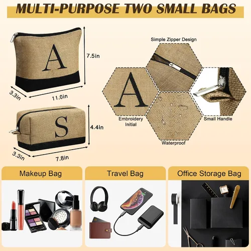 Vista 5 de YOOLIFE Regalos para mujeres, bolsa de yute con inicial y 2 bolsas de maquillaje, regalos personalizados para mujeres, profesores, mamá, amiga