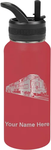 Vista 39 de LaserGram Botella de agua personalizada, tren de carga, acero inoxidable de doble pared aislada al vacío con popote superior, regalo grabado Negro