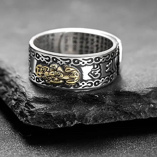 Vista 6 de Kucheed Anillo de mantra Feng Shui PiXiu, anillos budistas de plata de buena suerte, joyería de amuleto MANI, doble protección, riqueza amor salud