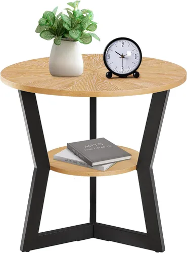 Vista 8 de Mesa auxiliar, mesa auxiliar redonda de madera para sala de estar con mesa de 2 niveles con estante de almacenamiento, diseño de soporte triangular