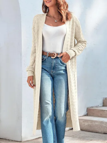 Vista 2 de ZoeAce Cárdigan largo de ganchillo para mujer, suéter de punto con frente abierto, manga larga, ligero, cárdigan casual para invierno