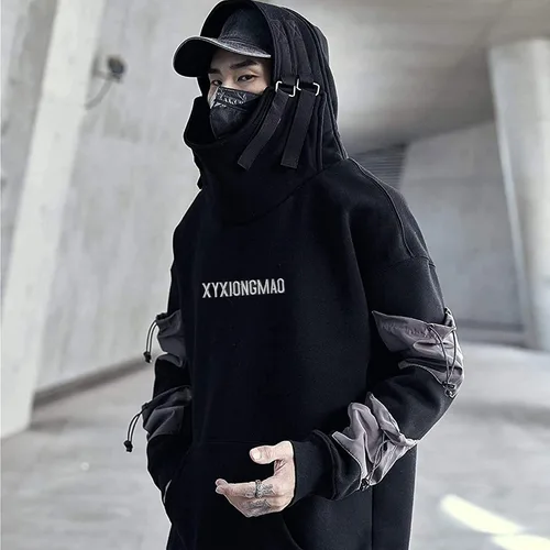 Vista 6 de XYXIONGMAO Streetwear Techwear - Sudadera con capucha Cyberpunk Tactical para hombre, color negro, urbano, hip hop, sudadera japonesa
