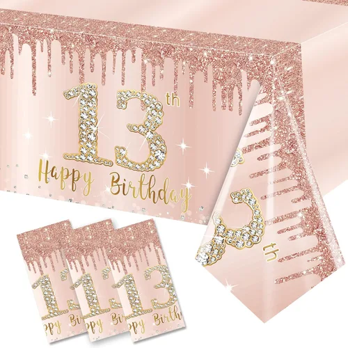 Vista 15 de Pack de 3 manteles de cumpleaños número 70 para mujer, rosado y dorado, mantel de plástico desechable rectangular para fiesta de cumpleaños número