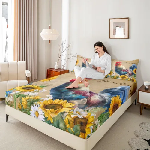 Vista 2 de Bonita sábana bajera ajustable para niños, tamaño individual, juego de ropa de cama rústica de pollo, decoración de dormitorio para niños y adultos