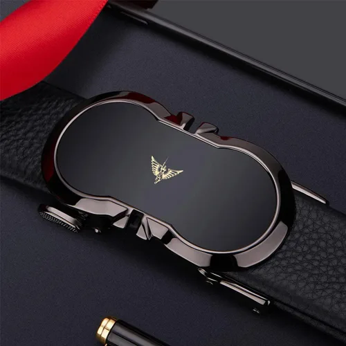 Vista 2 de Cinturones de trinquete de cuero para hombre, hebilla automática con caja de cinturón, regalo para hombres Negro 02