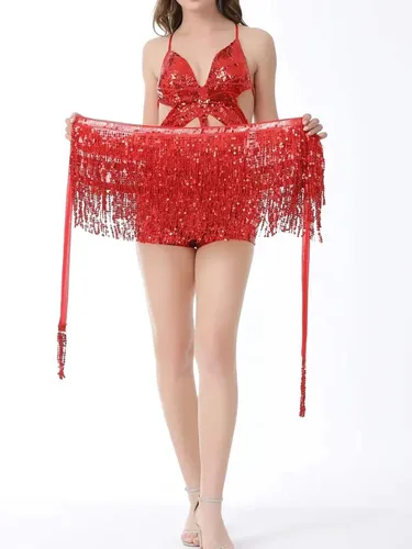 Vista 2 de OYOANGLE Women's Dance Skirt Sequin Tassel Multilayer Hip Scarf Adjustable Boho Style Belly Dance Skirts