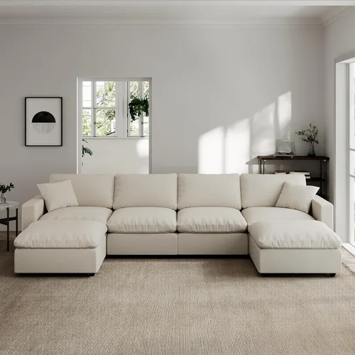 Vista 56 de Sofá seccional moderno de lino en forma de L para sala de estar, sofás modulares con relleno de plumón, fundas de cojín de sofá desmontables, sofá