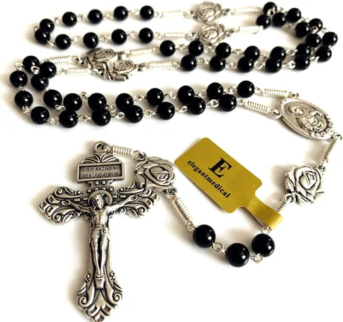 Vista 3 de elegantmedical Hecho a mano con cuentas de ágata negra de la señora de Fátima, collar de rosario, Crucifijo de indulto cruz, regalos católicos
