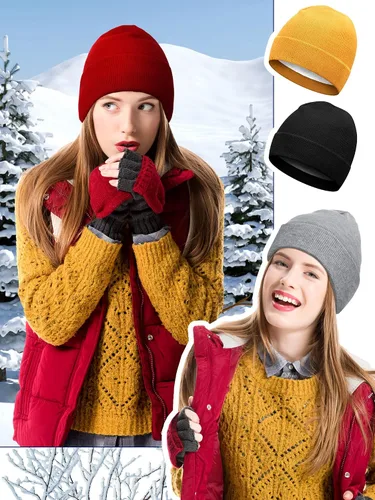Vista 6 de Gorro de invierno con forro de satén de seda, gorro de calavera liso con puños, gorro de reloj de punto, gorro cálido de invierno para mujeres