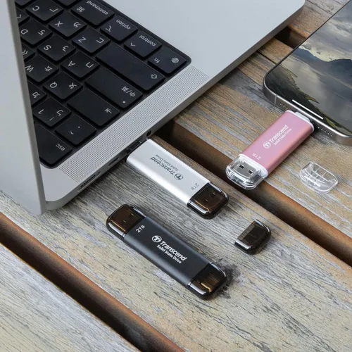 Vista 6 de Transcend ESD310 SSD externo de 1 TB, hasta 1,050 MB/s, unidad USB dual para iPhone17,16,15, iPad y Mac/Pixel10/Tesla/Steam Deck/ROG Ally/MSI Rosa