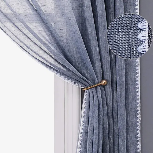 Vista 2 de Selectex - Cortinas transparentes de lino natural con bordes semitransparentes