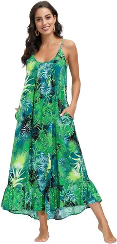 Vista 5 de BUENOS NINOS - Vestido largo hasta el tobillo para mujer, con cuello en V, estampado floral, de estilo bohemio, con tirantes delgados ajustables