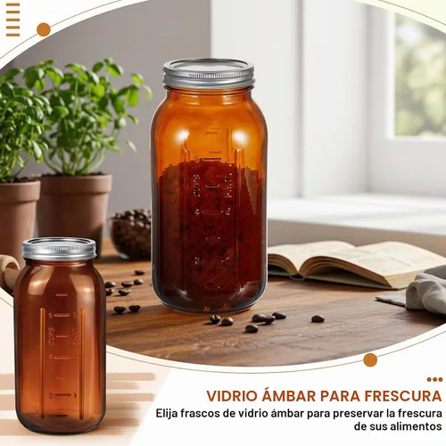 Vista 6 de Norme Juego de 3 tarros de vidrio de 64 onzas, tarros de conservas de vidrio en relieve, recipiente de fermentación de medio galón con tapas Ámbar