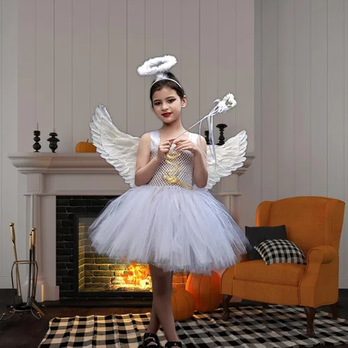 Vista 6 de GuliriFei Disfraz de ángel de Halloween para niñas, incluye alas de plumas, diadema de halo, varita mágica, falda tutú, disfraz de hada
