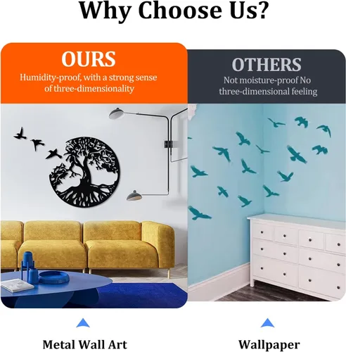 Vista 5 de LZAOA Arte de pared de metal con 3 pájaros, 4 piezas de arte decorativo de pared de metal negro con 3 pájaros para sala de estar, baño, cocina