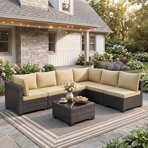 Vista 30 de ANJ Juego de muebles de mimbre para patio de 3 piezas, sofá modular de dos plazas con mesa de centro de cristal, juego de sofá de conversación
