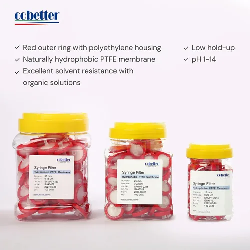 Vista 3 de Paquete de 100 Filtros de Jeringa PTFE para Laboratorio Filtros de Filtración Hidrofóbica Tamaño de Poro 0.22μm Diámetro 13mm No estéril Rojo