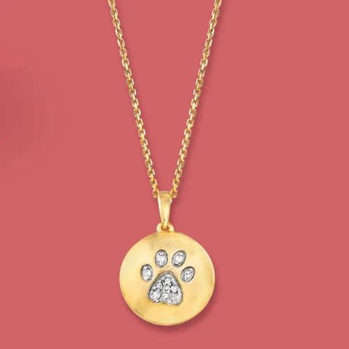 Vista 4 de Ross-Simons Diamond-Accented Paw Print Circle Pendant Necklace in 18kt Gold Over Sterling