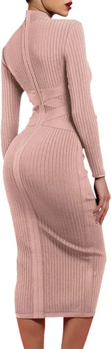 Vista 3 de UONBOX Vestido de manga larga para mujer, con tirantes cruzados, acanalado, para fiesta, club, midi, bodycon
