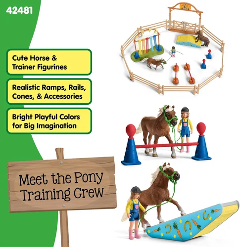 Vista 3 de Schleich Farm World - Juego de entrenamiento de agilidad de poni con caballo, entrenador y accesorios, juego de 41 piezas de poni, entrenador