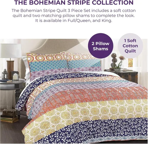 Vista 4 de Lush Decor - Juego de ropa de cama de 3 piezas, colorido diseño bohemio a rayas, reversible