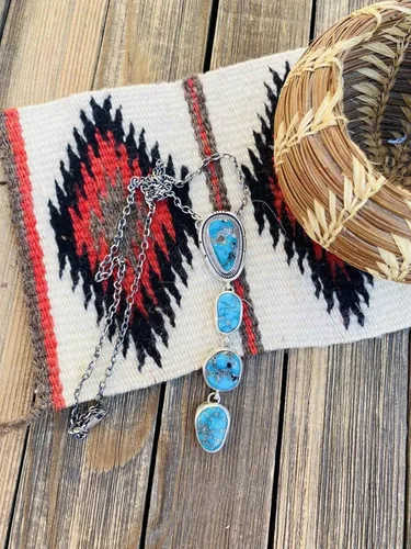 Vista 2 de Collar de plata esterlina navajo y turquesa Kingman, Metal, Turquesa