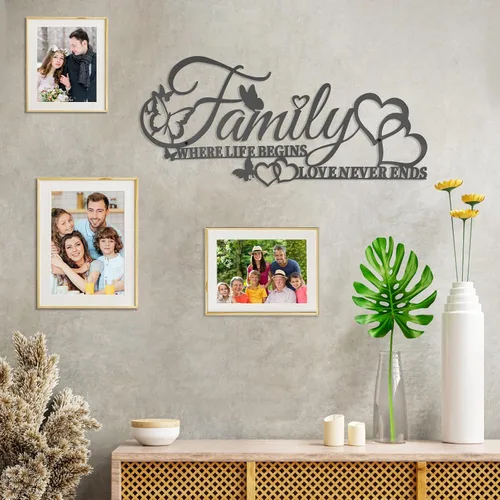 Vista 6 de Family Where Life Begins Love Never Ends Word - Decoración de pared de metal negro con corazón de mariposas, escultura colgante de letras de hierro