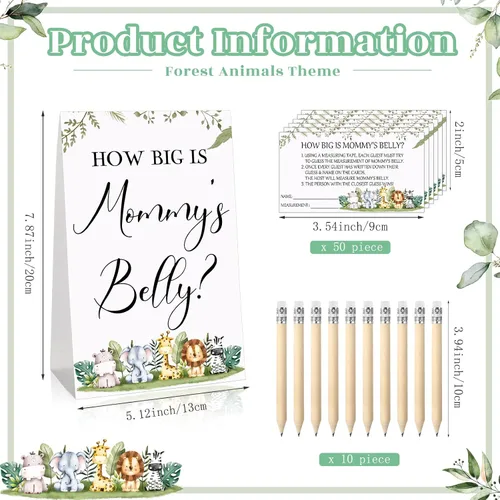 Vista 2 de Sabary 64 Piezas Juegos de Baby Shower Incluyen Letrero How Big is Mommy's Belly Sign Measure Bump Game 50 Tarjetas 10 Lápices 3 Cintas Métricas