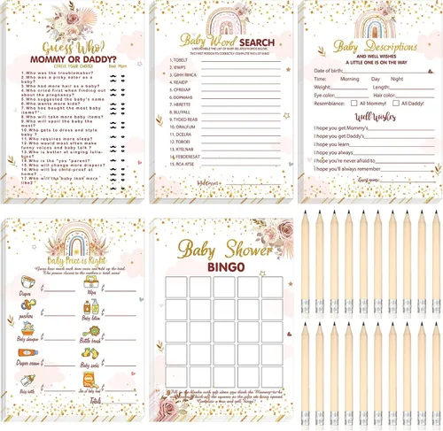 Vista 27 de Yinder 145 tarjetas de actividades para juegos de baby shower con 20 lápices, incluye descripción de bingo para bebés y deseos, adivina quién es