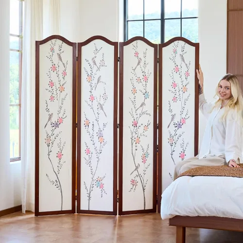 Vista 7 de Svimi Biombo Plegable de Madera de 4 Paneles Estilo Oriental Divisor de Habitación – Pantalla de Privacidad Independiente y Panel de Pared Divisorio
