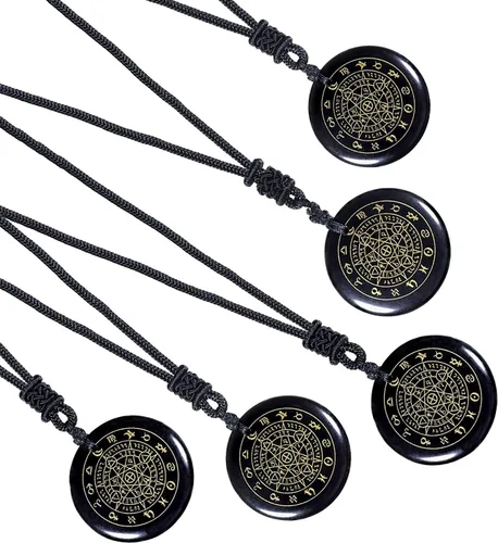 Vista 3 de SUNYIK Collar de piedra de obsidiana negra grabada para mujeres y hombres curativos amuleto de cristal redondo colgante de piedra para protección